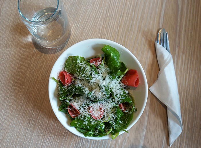 Baby kale salad with Pecorino, watermelon radish, cumin vinaigrette