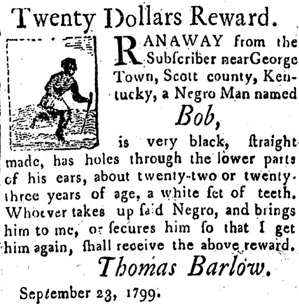 Classified advertisement with illustrations of runaway slaves from Western Spy, 1799