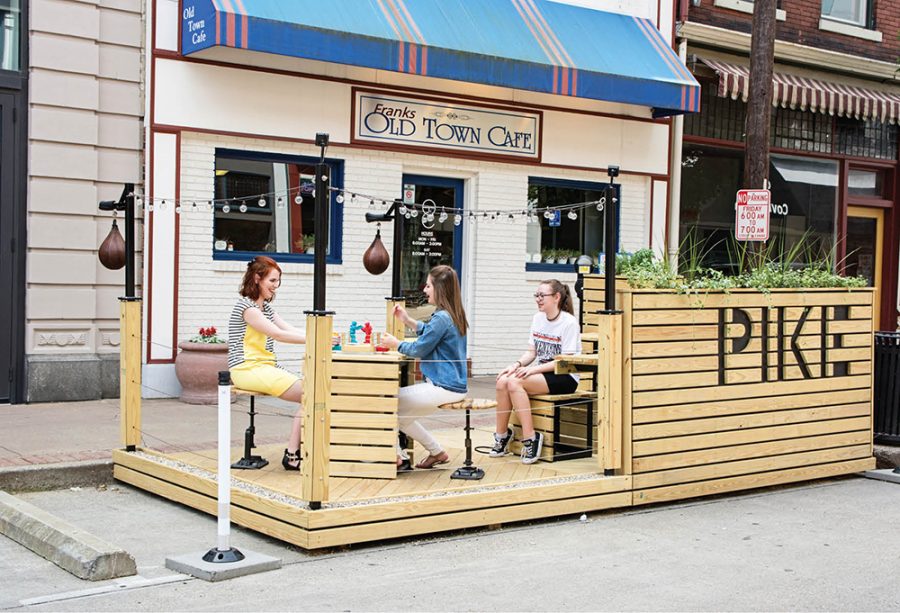 The Boxing Ring parklet, on Pike Street, outside Franks Old Town Café and Cutman Barbershop