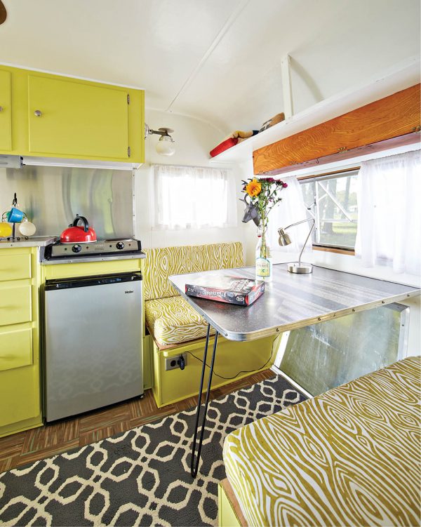 The Fan’s kitchen is equipped with dishes, utensils, glassware, pots and pans, a two-burner stovetop, a new refrigerator and cabinets, plus baskets and cubbies for storage. From $70 per night, (513) 580-4660, routefiftycampers.com 