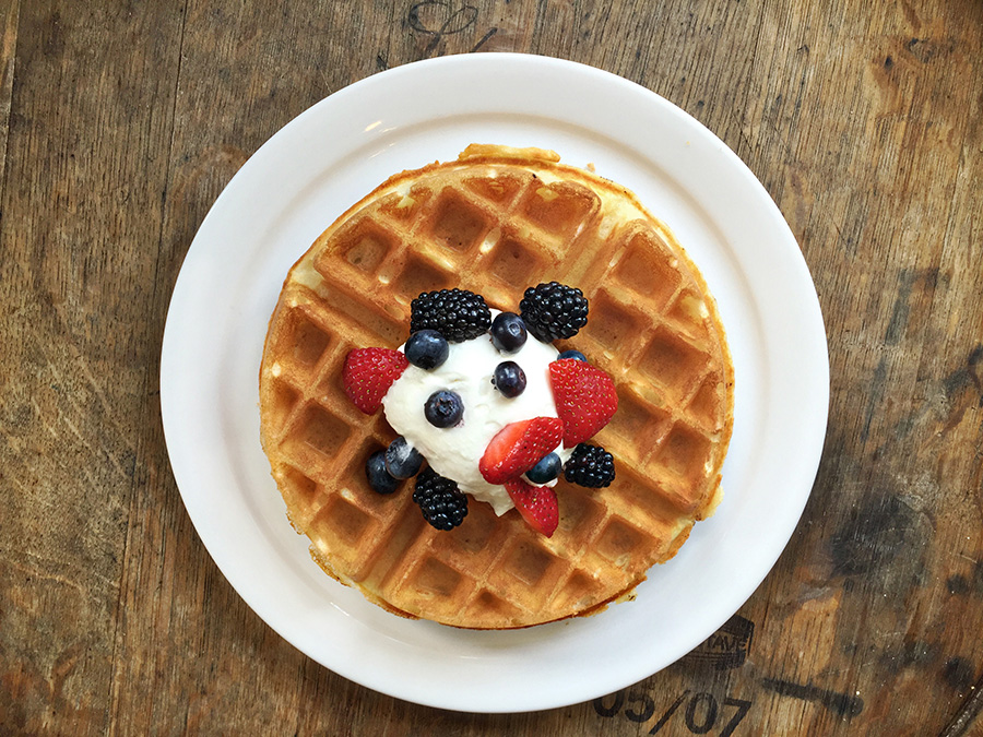 Belgian Waffles, $7.50 (add house-made whipped cream, mixed berries, or walnuts, .50)