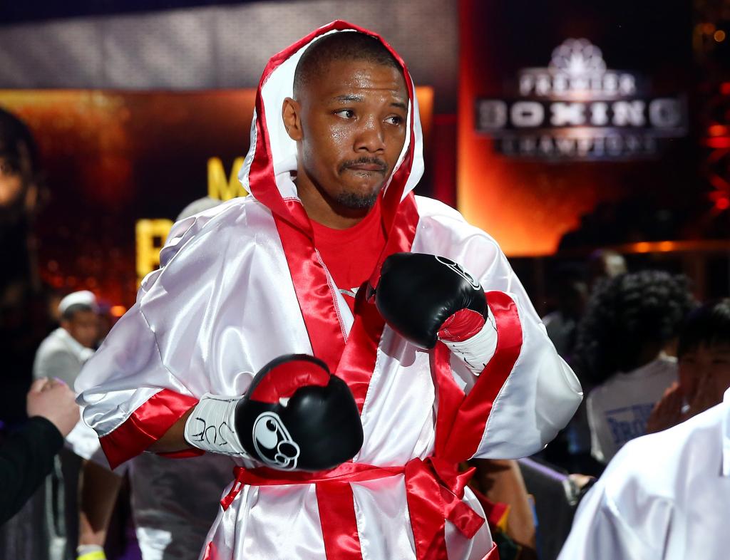 NEW YORK, NY - APRIL 11: Aaron Pryor makes his endtrance before his fight against Marcus Browne during the Premier Boxing Champions Light Heavyweight bout at Barclays Center on April 11, 2015.