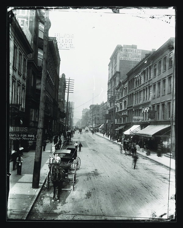 Fourth and Race Streets, gelatin silver contact print, 2013, from glass-plate negative, 1888 or 1889. 